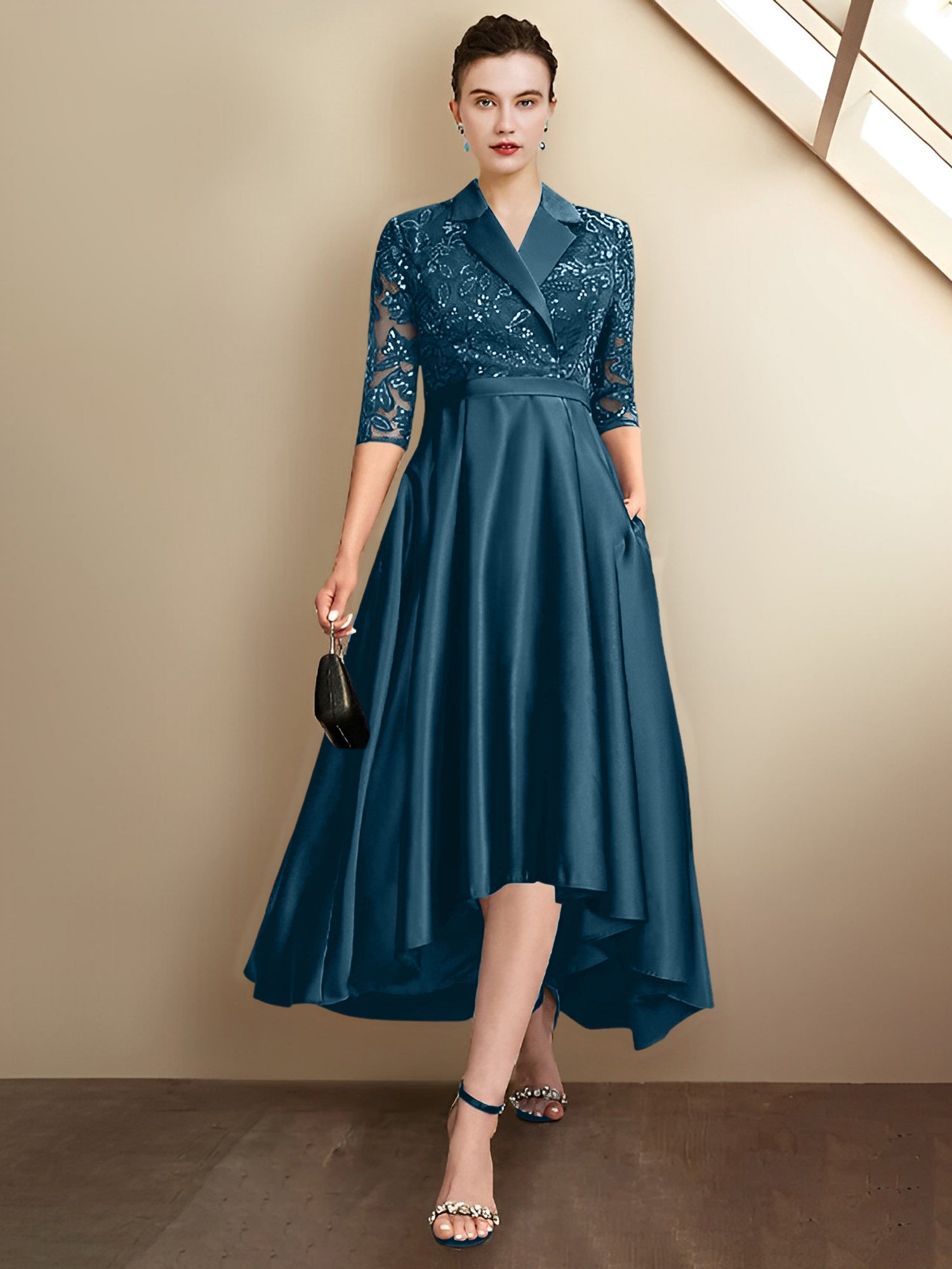 Sheath/Column V-Neck Tea-Length Mother of the Bride Dresses
