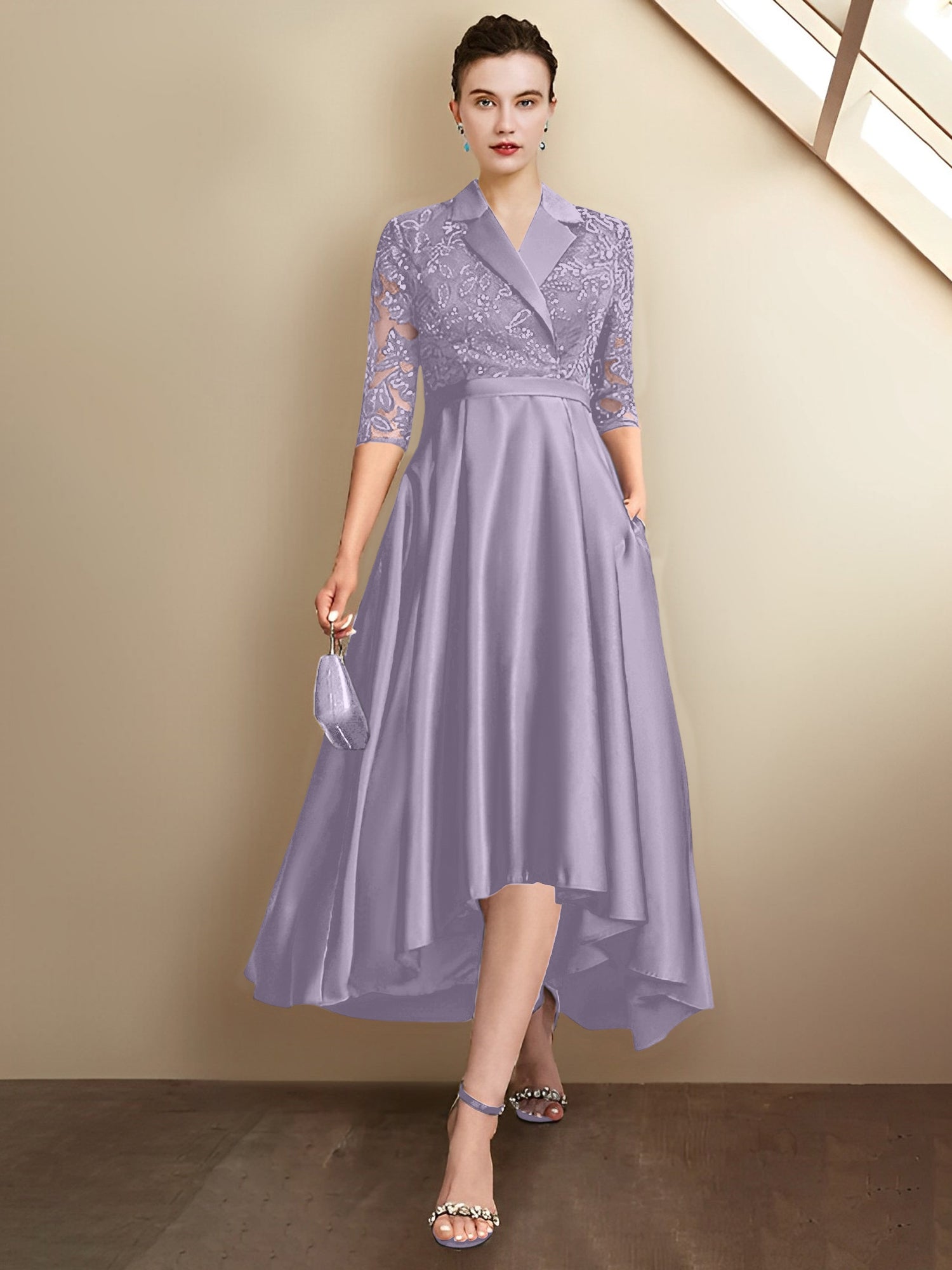 Sheath/Column V-Neck Tea-Length Mother of the Bride Dresses