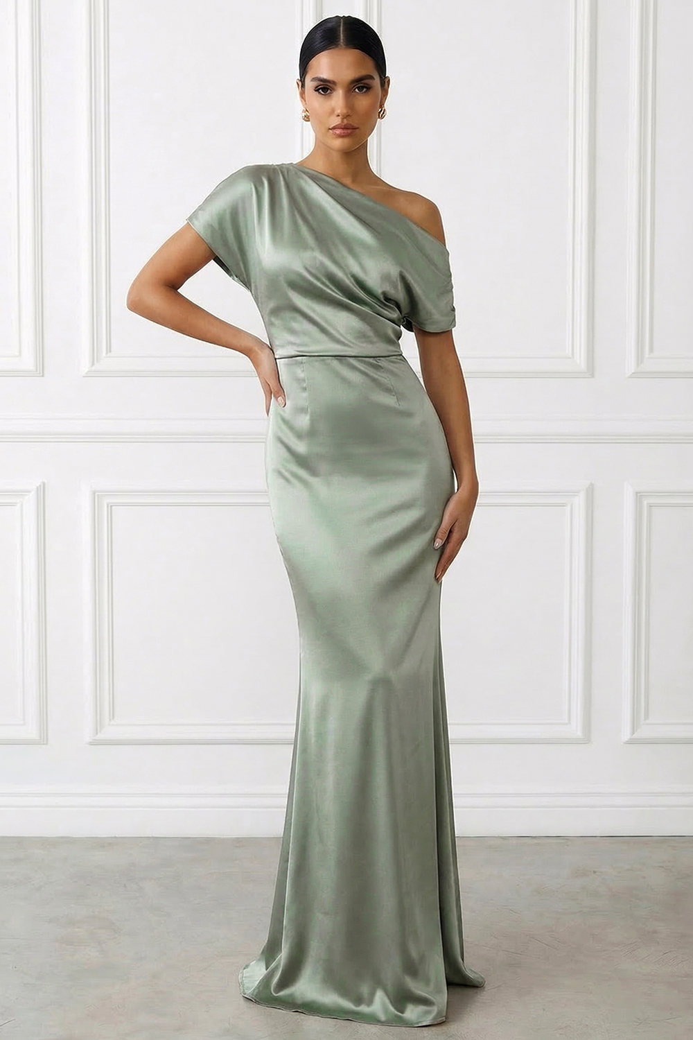 Dusty Sage Formal Dress Mermaid Asymmetrical Neck Satin Maxi Dress
