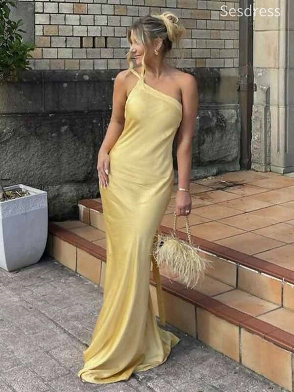 Simple Yellow One Shoulder Mermaid Wedding Guest Dress,Prom Dress