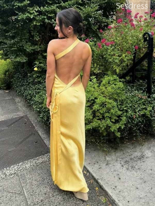 Simple Yellow One Shoulder Mermaid Wedding Guest Dress,Prom Dress