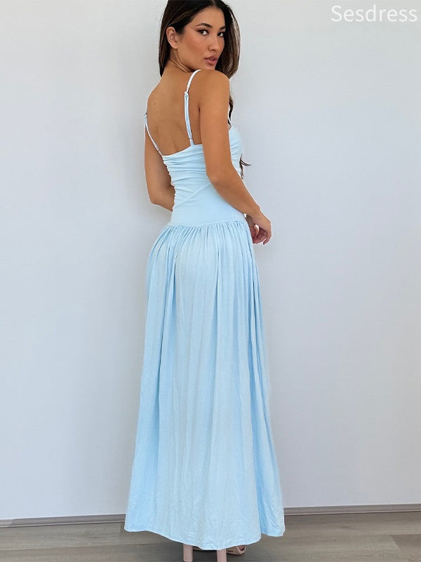 Elegant Satin Light Blue Sweetheart Spaghetti Strap A-line Wedding Guest Dress,Prom Dress