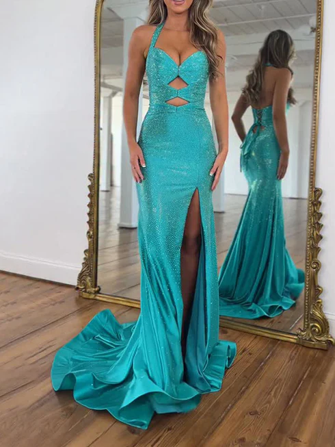 Light Blue Sparky Sequins Halter Neck Mermaid Prom Gown with Train