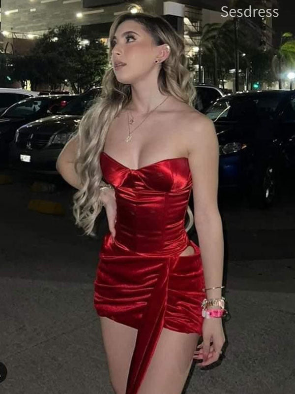 Elegant Red V-neck Strapless Bodycon Short Mini Dress Homecoming Dress