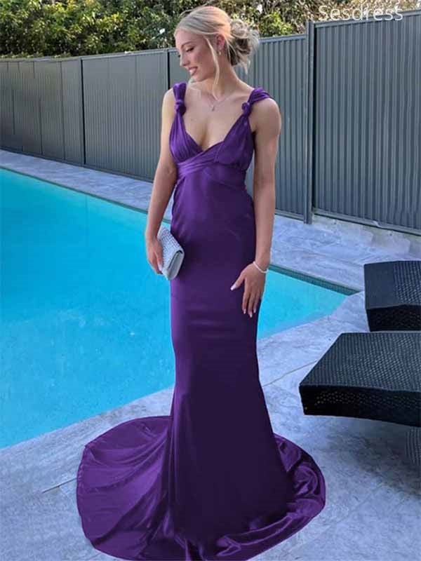 Sexy Purple V-neck Straps Backless Mermaid Wedding Guest Dress,Prom Dress