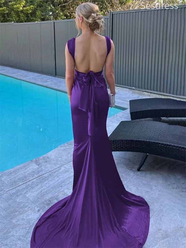 Sexy Purple V-neck Straps Backless Mermaid Wedding Guest Dress,Prom Dress