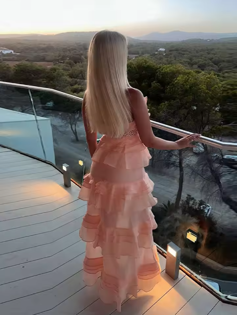 Gorgeous V-neck Spaghetti Strap Ruffles A-line Long Evening Dress,Prom Dress