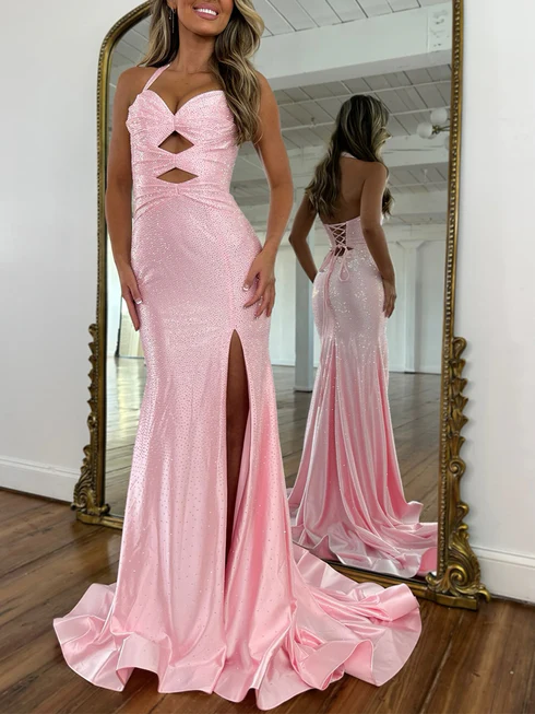 Light Blue Sparky Sequins Halter Neck Mermaid Prom Gown with Train