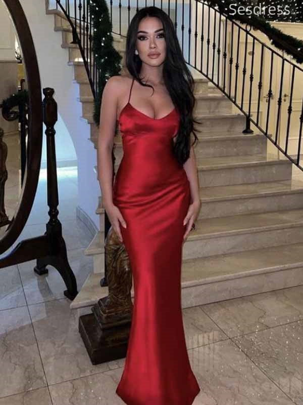 Sexy Red V-neck Spaghetti Strap Mermaid Long Wedding Guest Dress,Prom Dress