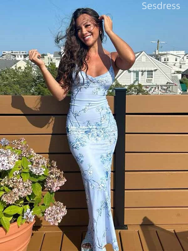 Gorgeous V-neck Blue Lace Appliques Spaghetti Strap Mermaid Long Evening Dress,Prom Dress