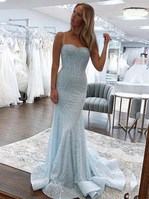 Light Blue parky Sequins Spaghetti Straps Mermaid Prom Dress 