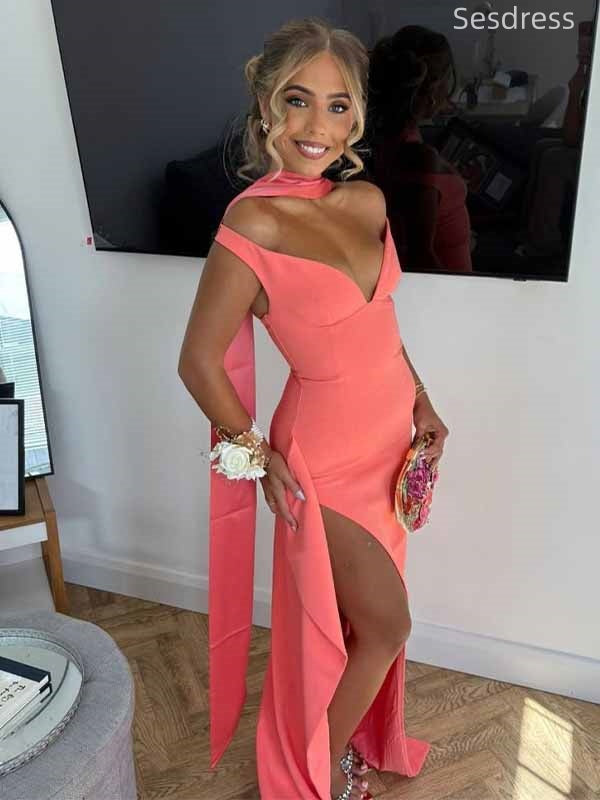 Elegant V-neck Off the Shoulder Side Slit Mermaid Long Evening Dress,Prom Dress