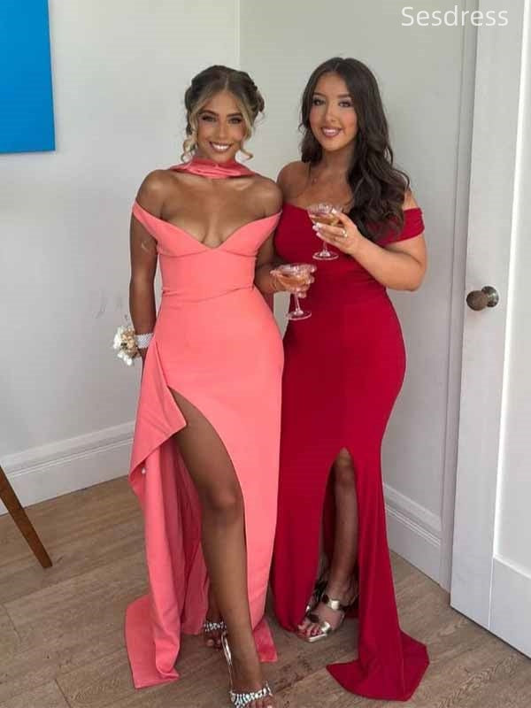 Elegant V-neck Off the Shoulder Side Slit Mermaid Long Evening Dress,Prom Dress