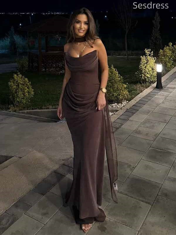 Premium Brown V-neck Strapless Halter Mermaid Long Evening Dress,Prom Dress