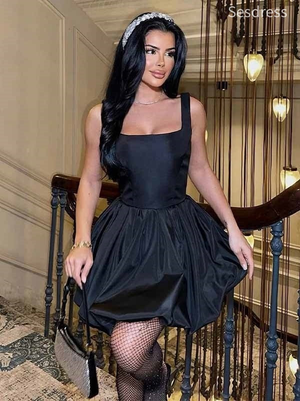 Classic Black Square Straps A-line Short Mini Dress Homecoming Dress