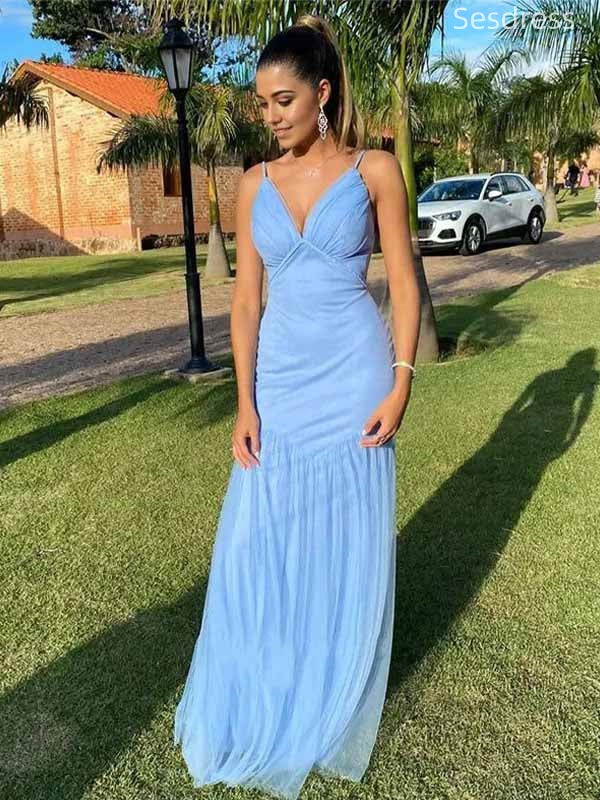 Simple Tulle V-neck Spaghetti Strap A-line Long Evening Dress,Prom Dress