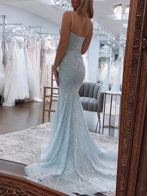 Light Blue parky Sequins Spaghetti Straps Mermaid Prom Dress 