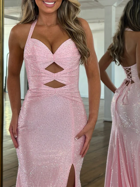 Light Blue Sparky Sequins Halter Neck Mermaid Prom Gown with Train