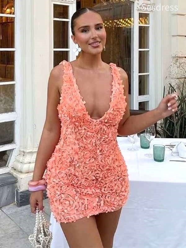 Premium V-neck 3D Appliques Bodycon Short Mini Dress Homecoming Dress