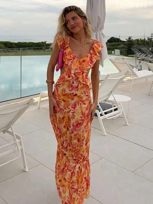 Gorgeous V-neck Lace Ruffles Mermaid Long Wedding Guest Dress,Prom Dress