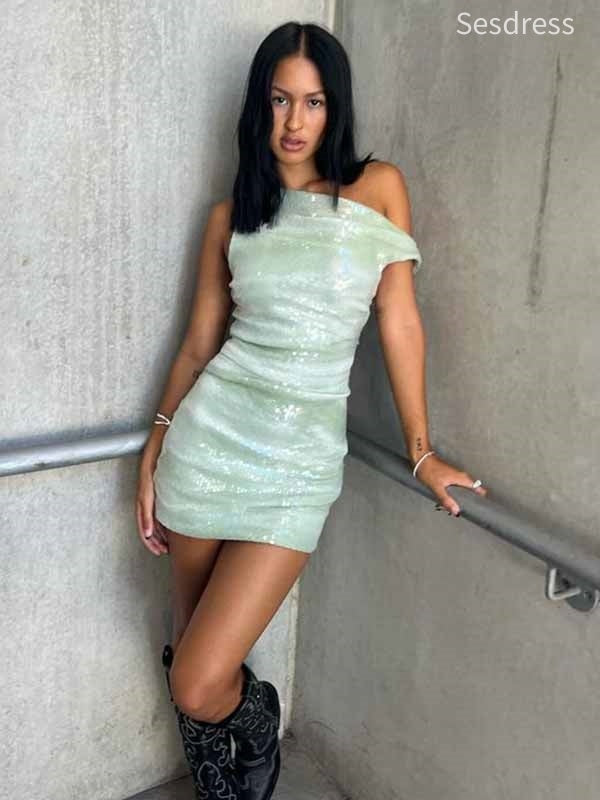 Gorgeous Mint Green One Shoulder Pleats Bodycon Short Mini Dress Homecoming Dress