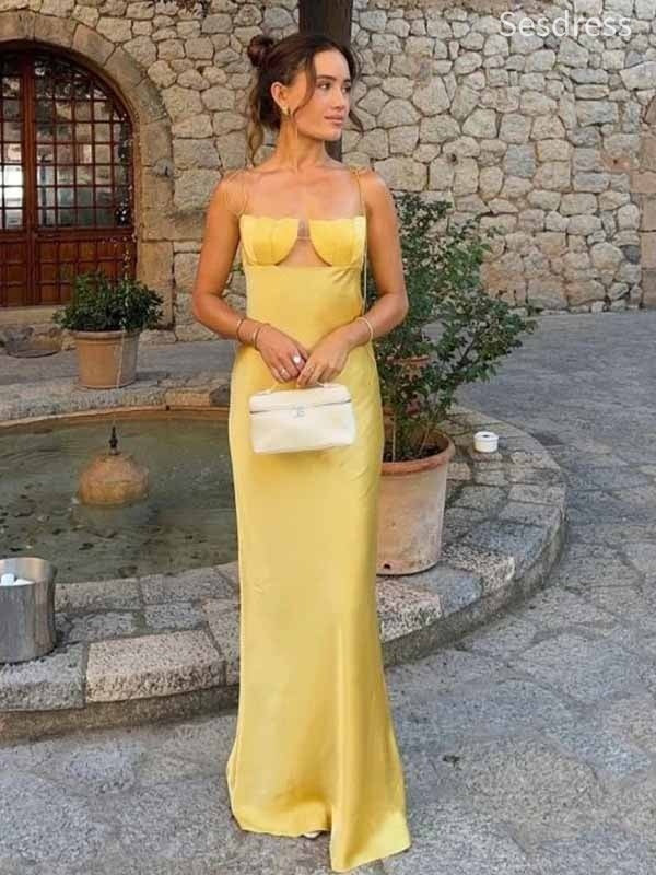 Unique Yellow Spaghetti Strap Mermaid Long Evening Dress,Prom Dress