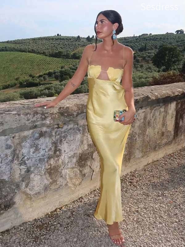 Unique Yellow Spaghetti Strap Mermaid Long Evening Dress,Prom Dress