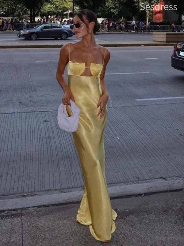 Unique Yellow Spaghetti Strap Mermaid Long Evening Dress,Prom Dress