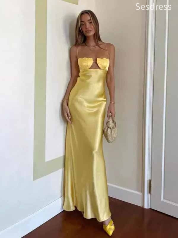 Unique Yellow Spaghetti Strap Mermaid Long Evening Dress,Prom Dress