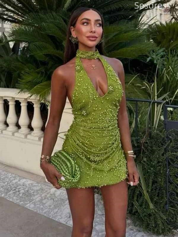 Gorgeous V-neck Halter Beaded Pleats Bodycon Short Mini Dress Homecoming Dress