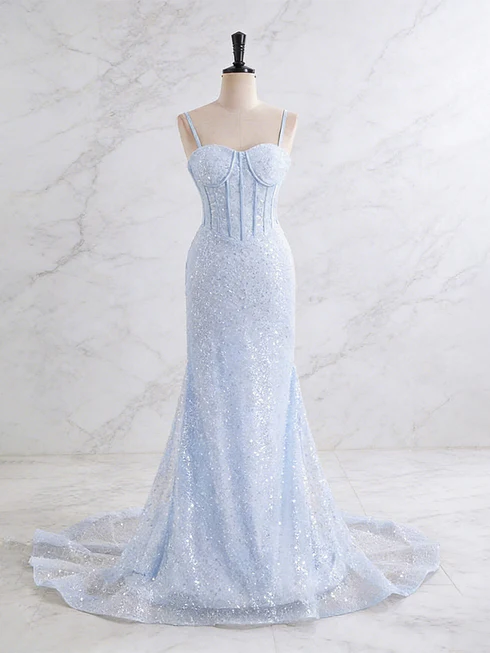 Light Blue parky Sequins Spaghetti Straps Mermaid Prom Dress 