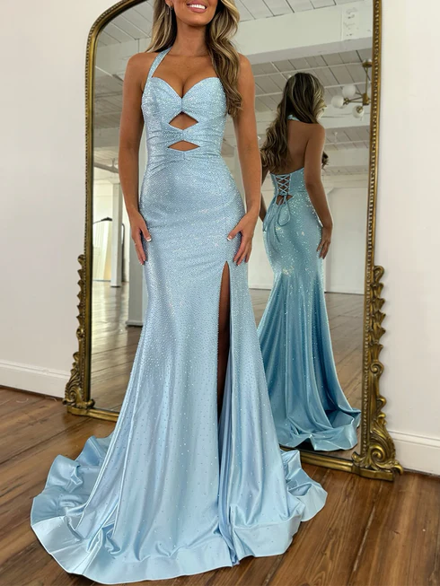 Light Blue Sparky Sequins Halter Neck Mermaid Prom Gown with Train