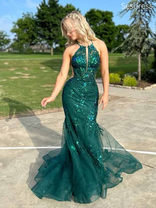 Gorgeous Lace Appliques Halter Sleeveless Mermaid Long Evening Dress,Prom Dress
