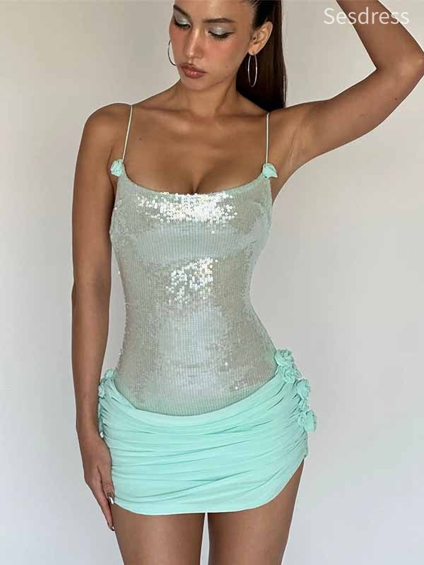Sparkly Sequins Scoop Spaghetti Strap Bodycon Short Mini Dress Homecoming Dress