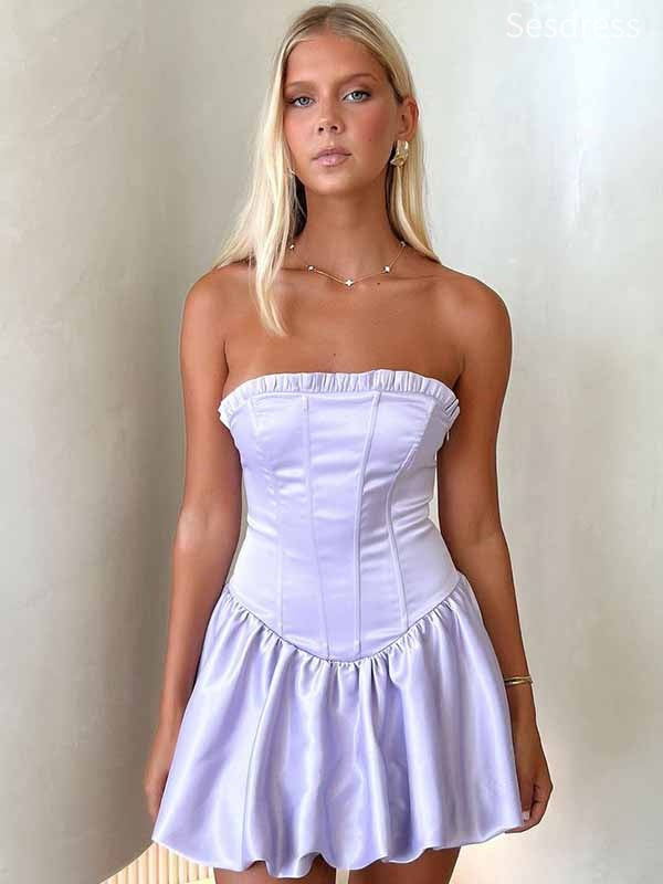 Elegant Purple Strapless Lace Up A-line Short Mini Dress Homecoming Dress