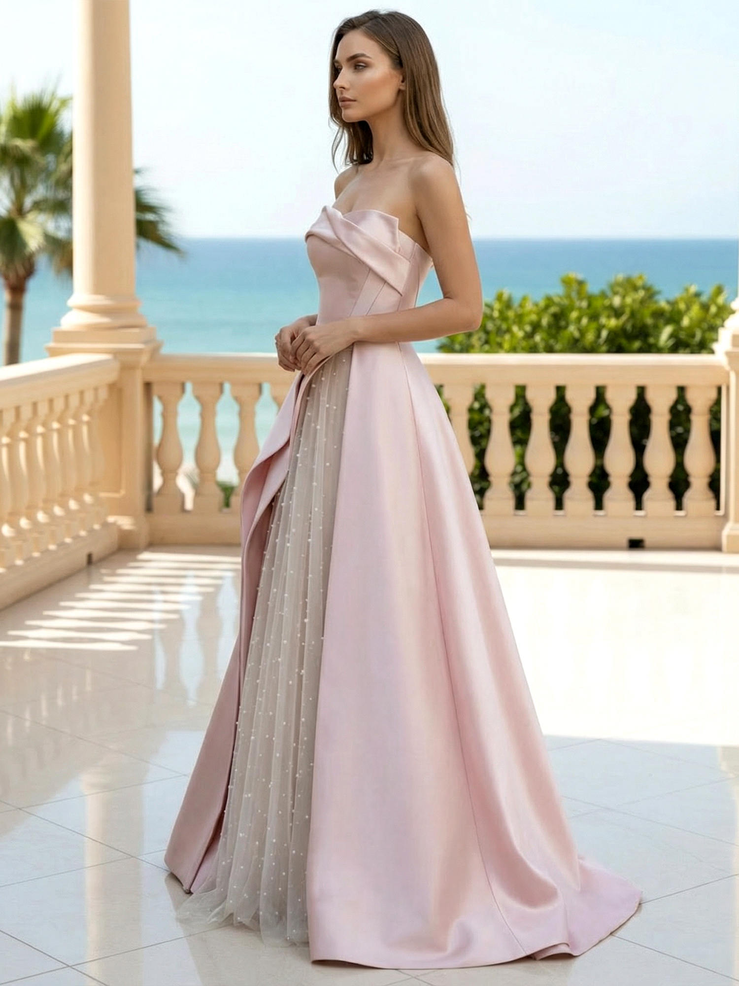 Pink Strapless A Line Satin Ruffle Prom Dress with Beads