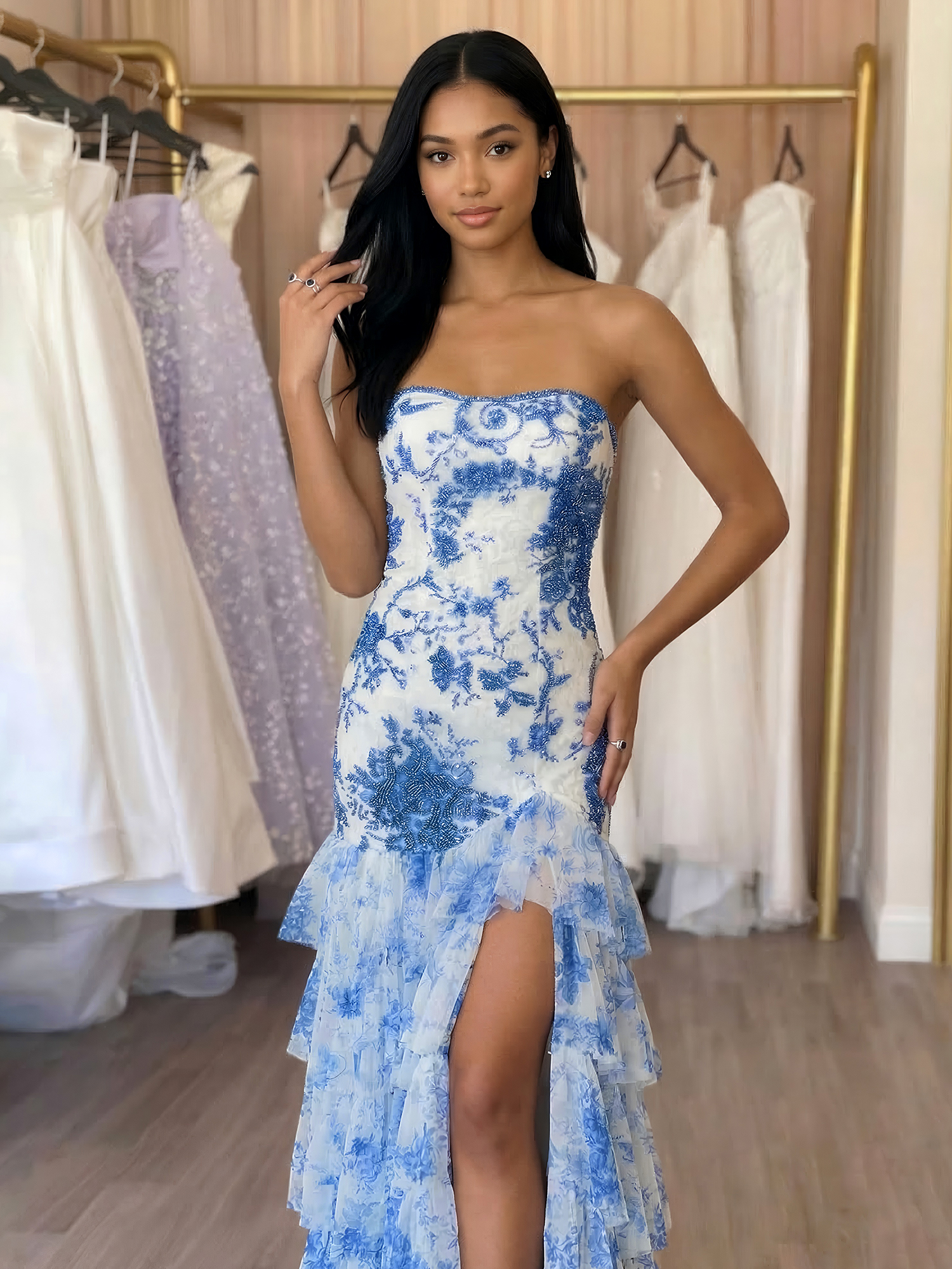 Blue Mermaid 3D Print Flower Chiffon Prom Gowns with Slit