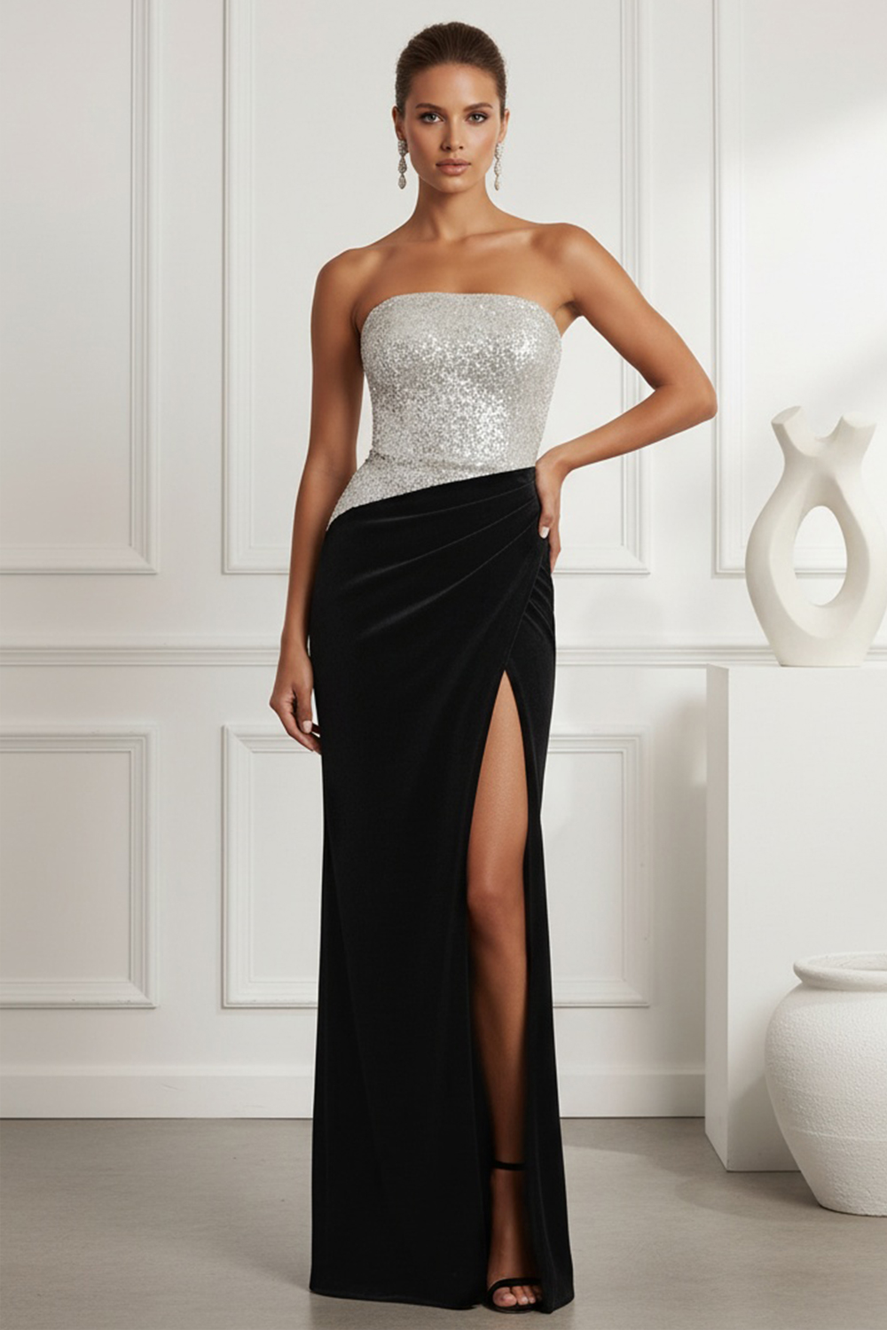 Black Velvet Sheath Evening Gown with Silver Sequin Strapless Bodice and High Slit