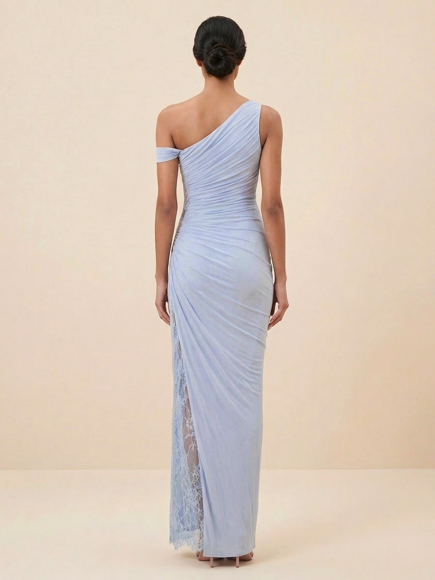 Dusty Blue One-Shoulder Ruched Mesh Gown with Lace Slit