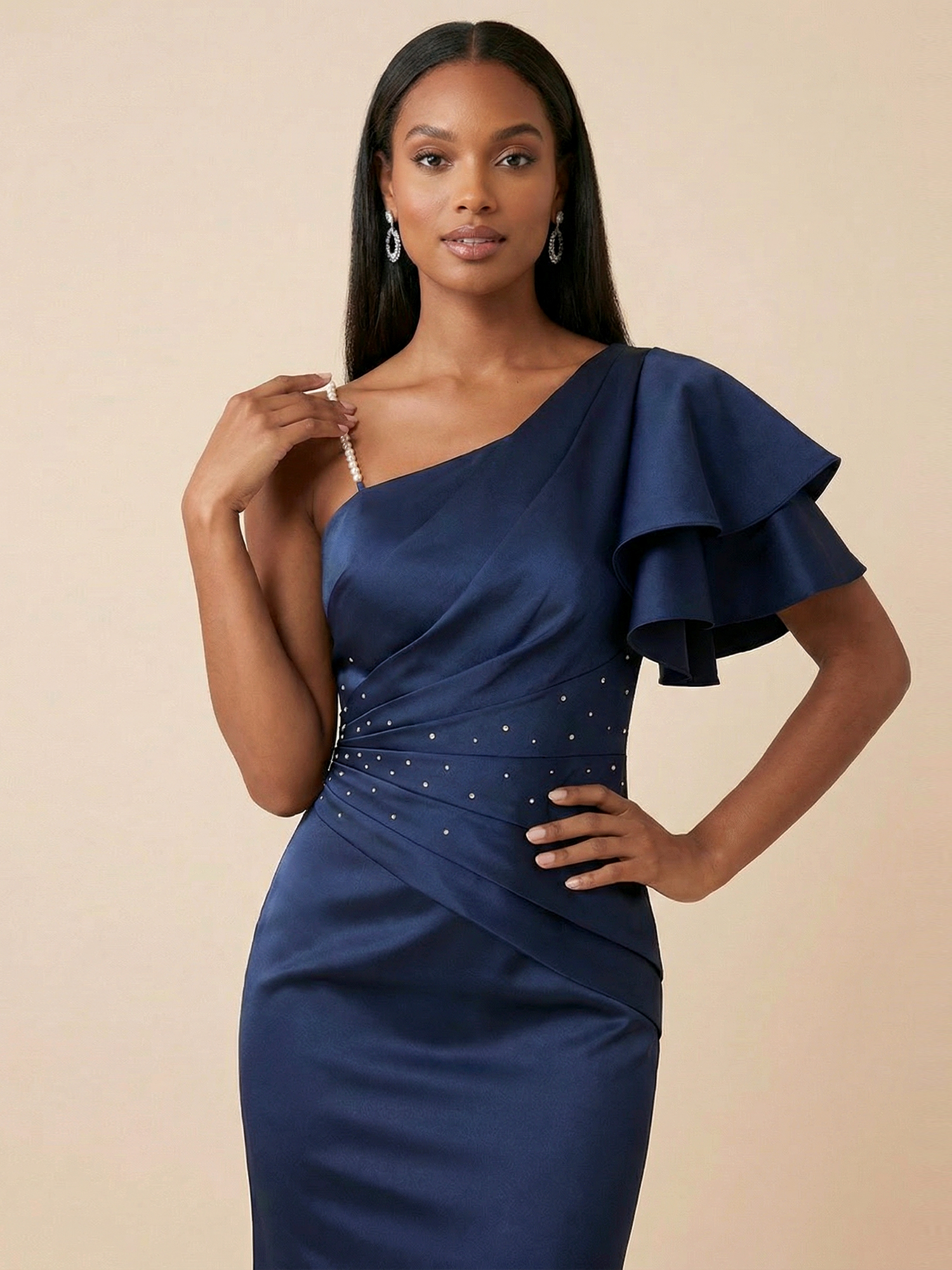 Navy One-Shoulder Satin Mermaid Gown with Pearl Strap & Beaded Waist