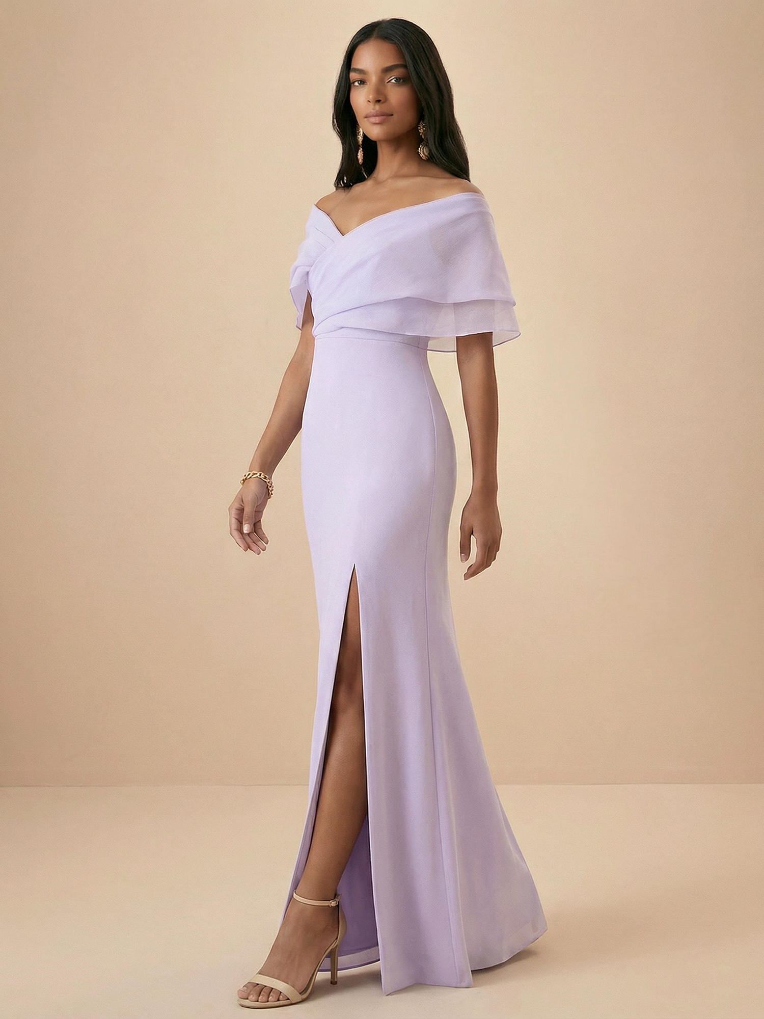 Lavender Off-the-Shoulder Sheath Gown with Chiffon Overlay & High Slit