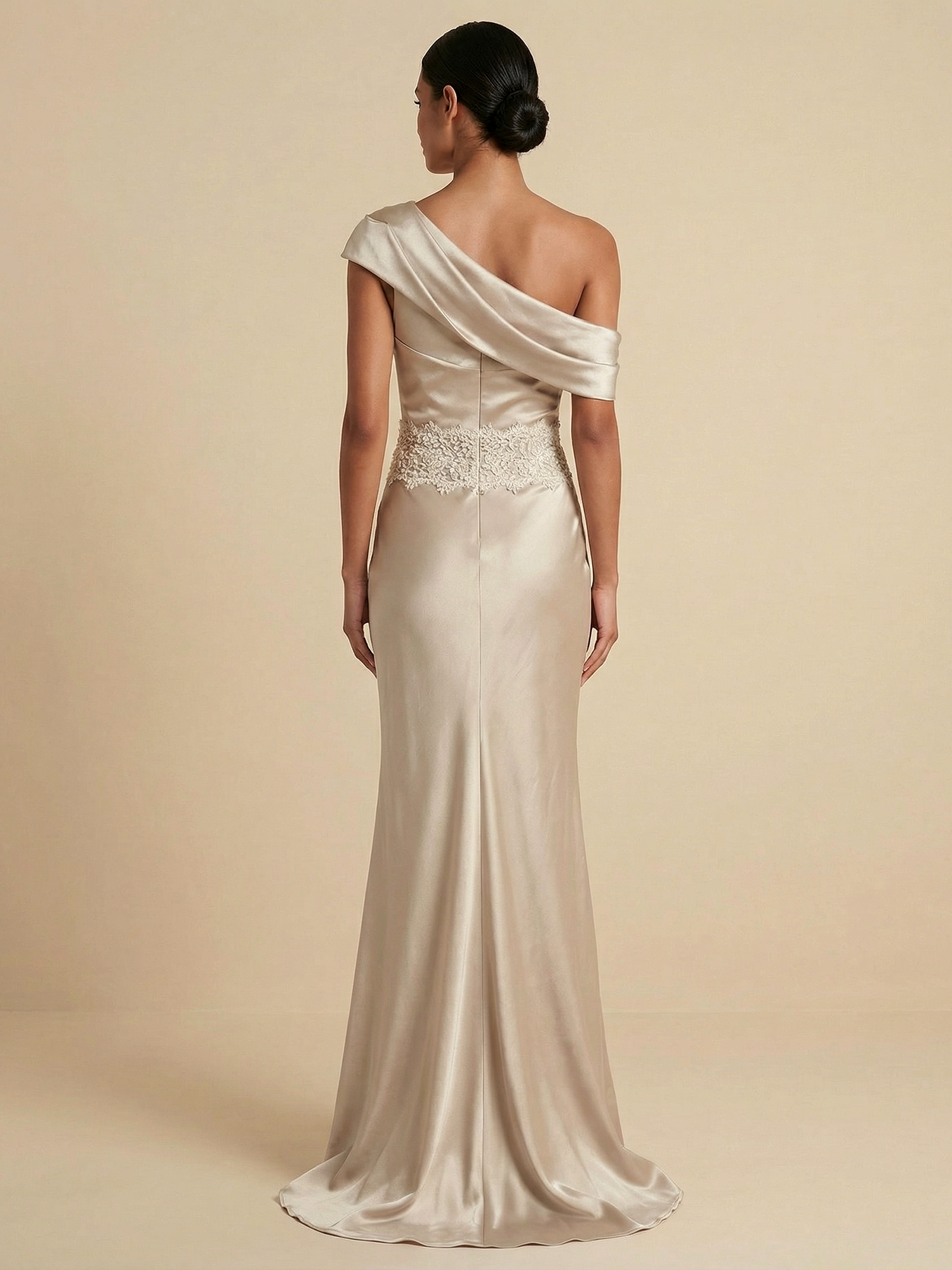 Champagne Satin One-Shoulder Mermaid Gown with Beaded Waist