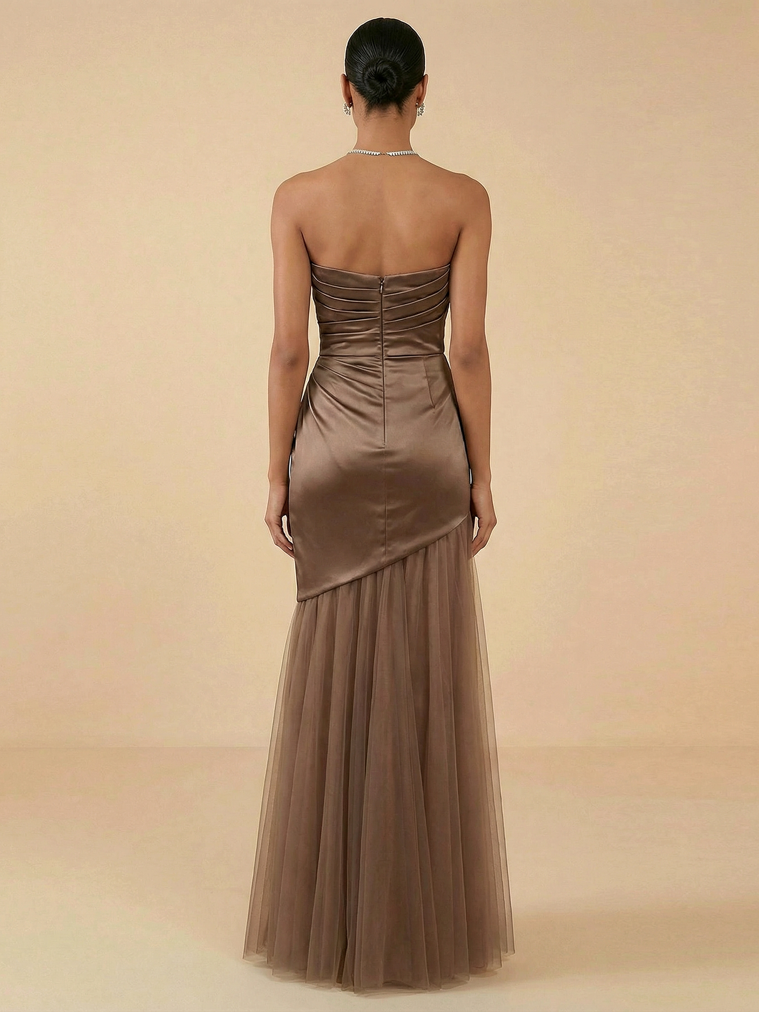 Taupe Satin Strapless Mermaid Gown with Tulle Skirt