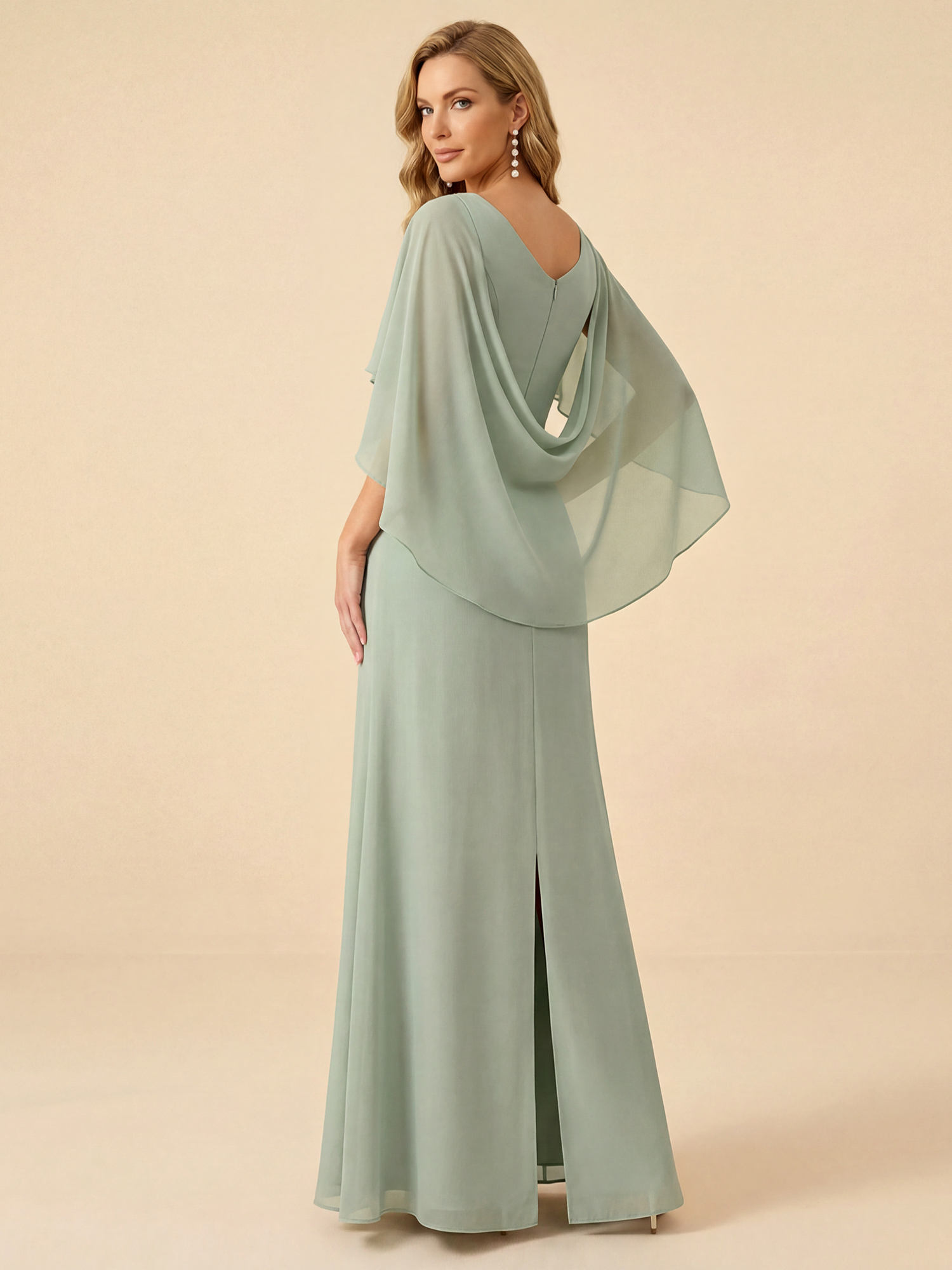 Sage Green Chiffon Cape Sleeve Mother of the Bride Gown