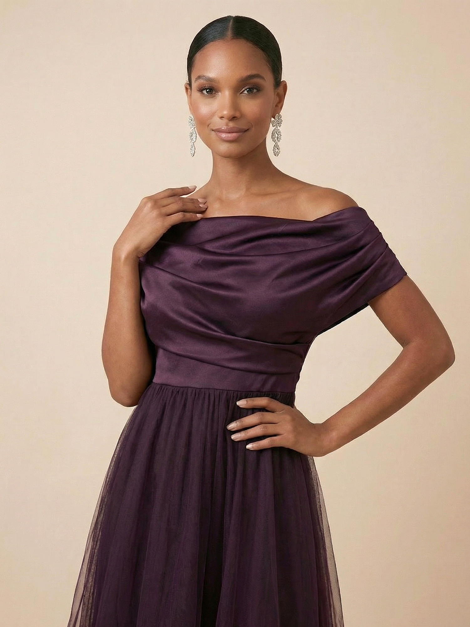 Plum Off-the-Shoulder Satin & Tulle High-Low A-Line Gown
