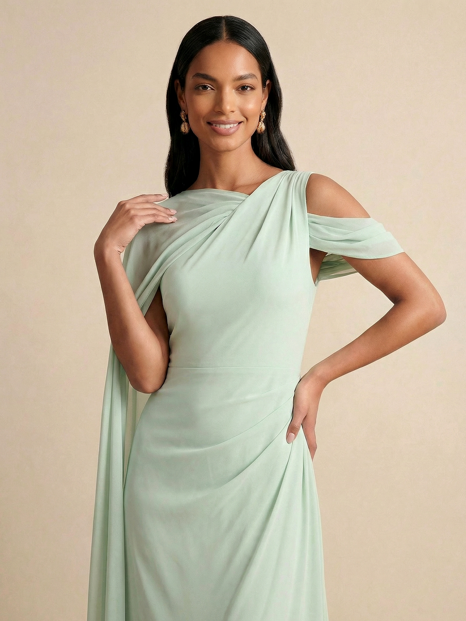 Sage Green Asymmetrical Cape Sleeve Chiffon Sheath Gown
