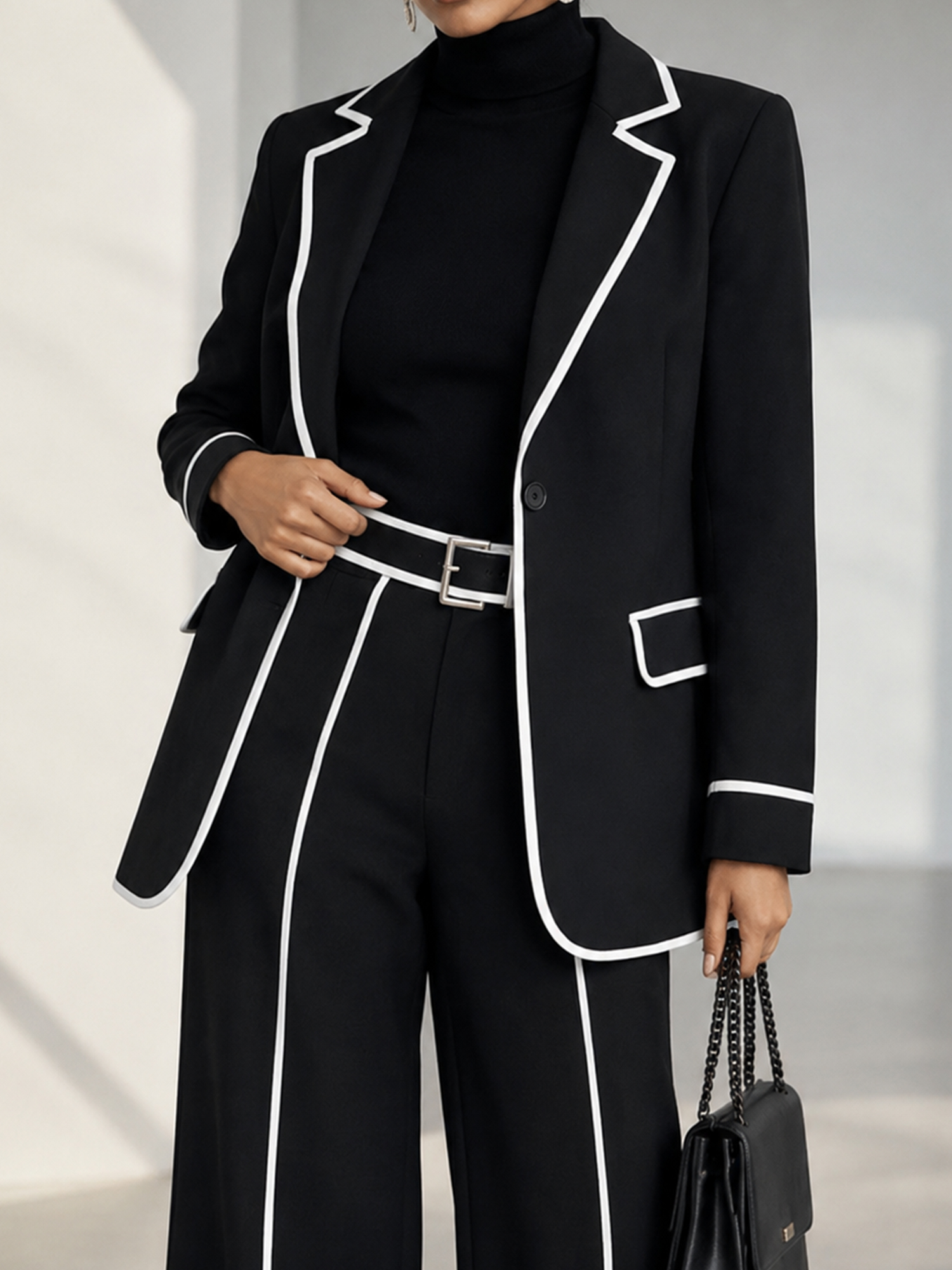 Black Slim‑fit Blazer And Wide‑leg Pants 2‑Piece Suit