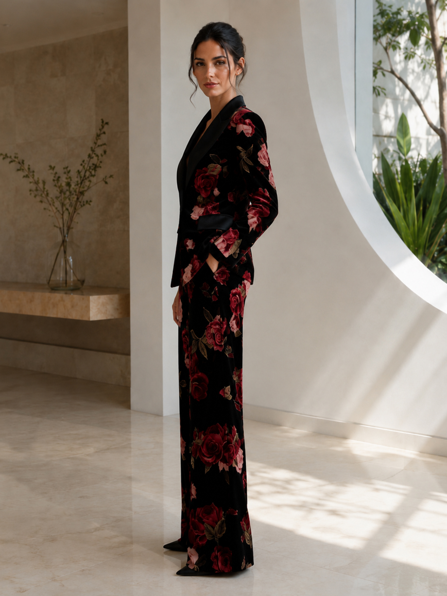 Black Velvet Rose‑print Blazer And Wide‑leg Pants 2‑Piece Suit