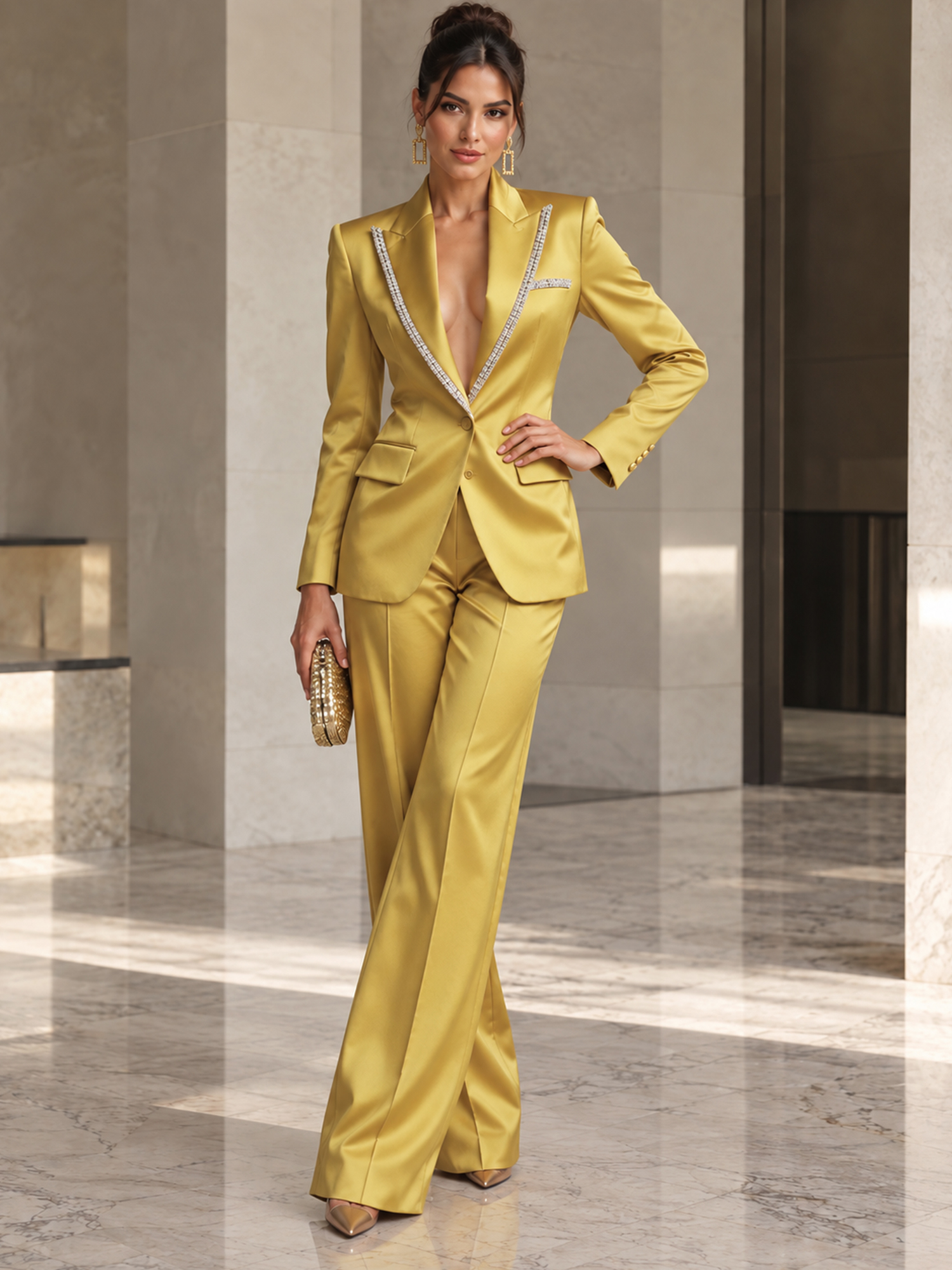 Gold Satin Rhinestone‑Trim Blazer And Wide‑leg Pants 2‑Piece Suit