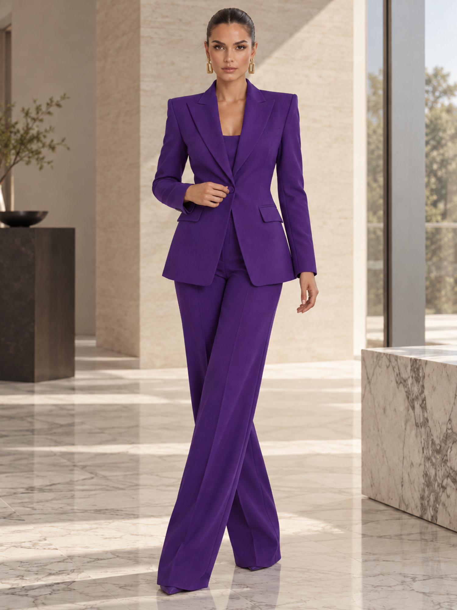 Purple Solid‑color Single‑button Blazer And Wide‑leg Pants 2‑Piece Suit